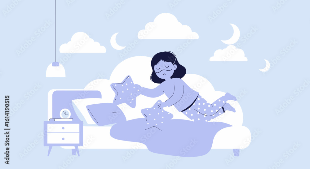 Obraz premium Dreamy Slumber Night Scene Of Woman Sleeping With Starry Pillows And Moon