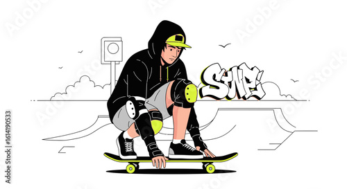 Dynamic Illustration Of Skateboarder In Protective Gear On Halfpipe Ramp