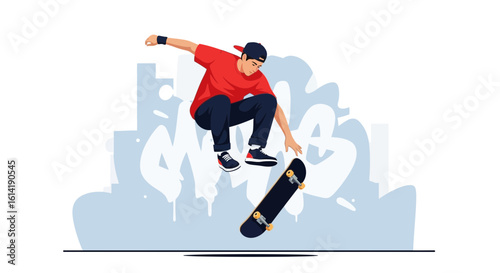 Dynamic Skateboarder Performing Air Trick with Graffiti Backdrop Illustration