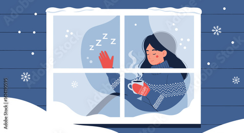 Cozy Winter Scene With Woman Relaxing By Window Holding Hot Drink