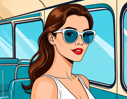 Attractive Woman With Sun Glasses In A Bus, Retro Pop Art Style. 