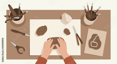 Creative Clay Crafting A Child's Hands Sculpting Clay On A Desk Full Of Art Supplies
