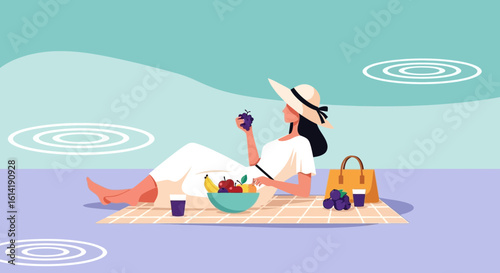 Elegant Woman Enjoying Summer Picnic With Fruits And Relaxing Outdoors