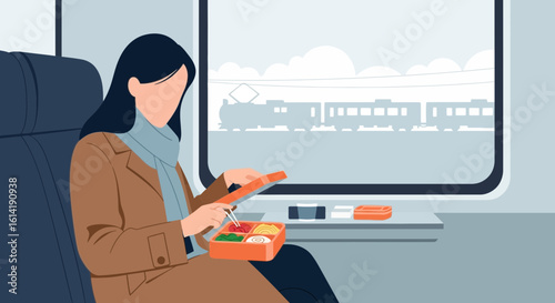 Elegant Woman Enjoys a Bento Lunch on a Commuter Train Journey