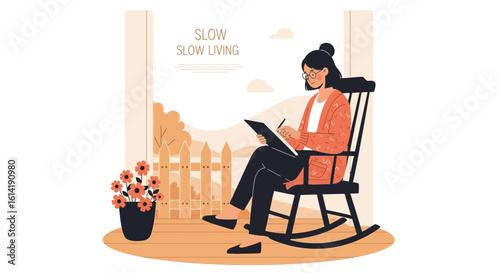 Elegant Woman Enjoys Peaceful Moments Drawing On Porch In Rocking Chair