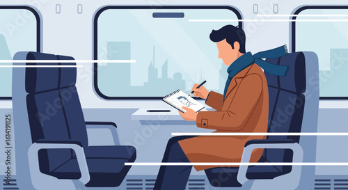 Creative Journey Man Sketches Portrait On Train Enjoying Travel