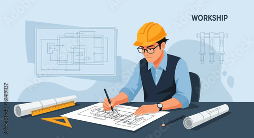 Engineer Creates Technical Blueprint, Workshop Design Presentation, Architect Project
