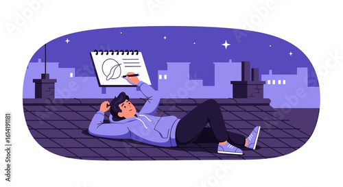 Creative Night: Rooftop Artist Sketching Dreams Under The Starry Skyline