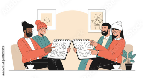 Creative Team Meeting To Brainstorm Ideas Around a Coffee Table With Illustration