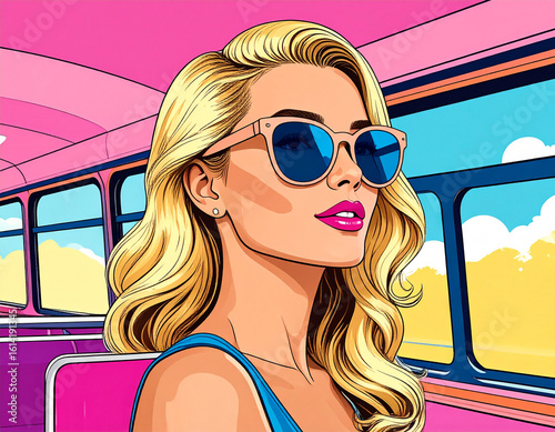 Attractive Woman With Sun Glasses In A Bus, Retro Pop Art Style. 
