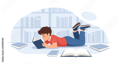 Enthusiastic Boy Immersed In Literary World Education Enjoying Bookworm Lifestyle
