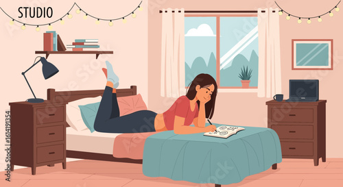 Creative Teenager In Her Room Writes or Draws On A Bed Illustration