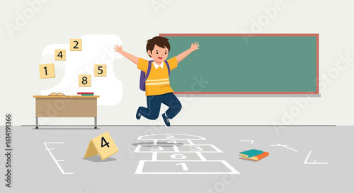 Enthusiastic Boy Jumps for Joy in Classroom Full of Educational Game Elements
