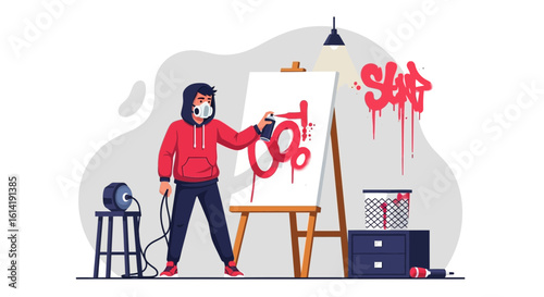 Creative Urban Artist Sprays Graffiti on Canvas in Studio Environment
