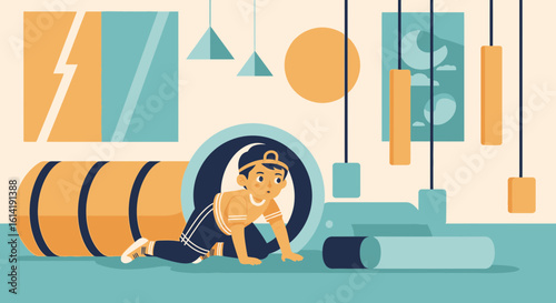 Enthusiastic Child Crawling Through Play Tunnel In Colorful Indoor Playground