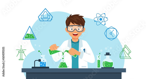 Enthusiastic Scientist Performing Chemical Experiment in Laboratory with Safety Goggles