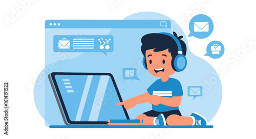 Enthusiastic Student Learns Remotely Using Laptop with Headphones From the Comfort of Home
