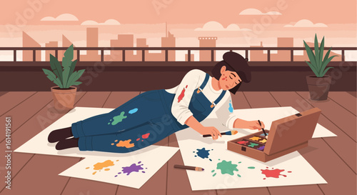 Creative Woman Painting On Rooftop With City Skyline At Sunset