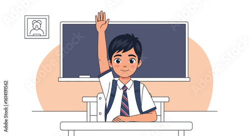 Enthusiastic Student Raising Hand In Classroom Setting For Education And Learning