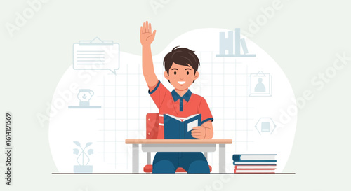 Enthusiastic Student Raising His Hand During Class Session In Elementary School