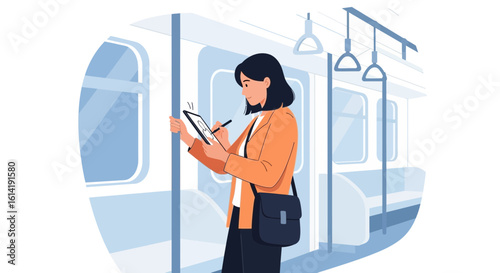 Creative Woman Utilizing Tablet And Stylus During Her Train Commute
