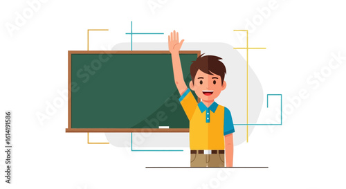 Enthusiastic Student With Raised Hand In Classroom Near Chalkboard Vector
