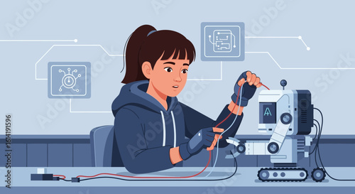 Enthusiastic Teenage Engineer Assembling A Robot With Coding Elements