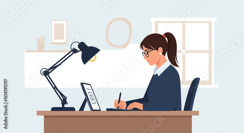 Creative Woman Working On Her Tablet At Her Desk At Home In Bright Room