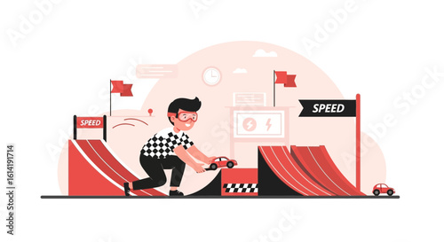 Enthusiastic Young Racer Launching Toy Car On Ramps For Exciting Speed Test