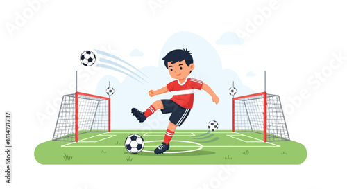 Enthusiastic Young Soccer Player Kicking Ball On Green Field Illustration