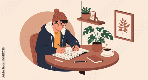 Creative Young Man Sketching Design In Cozy Interior With Plants And Coffee