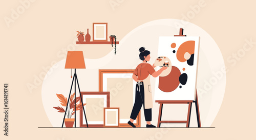 Creative Young Woman Artist Painting Abstract Art At Home Studio
