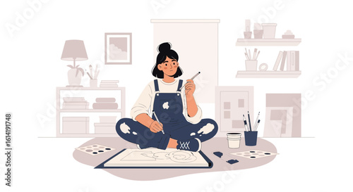 Creative Young Woman Drawing Sketch On The Floor Of Living Room With Supplies