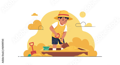 Enthusiastic Youngster Digging Sand With Spade At Sunny Day Fun
