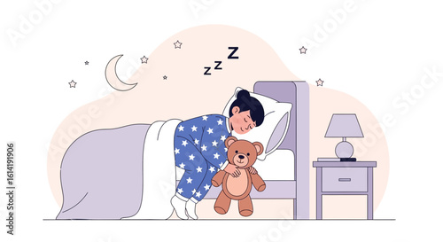 Cute Little Girl Sleeping Peacefully With Teddy Bear in Bedroom