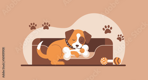 Cute Puppy Napping In His Bed With A Bone And Paw Prints