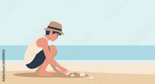 Daydreaming And Collecting Shells By The Sea, Illustration Of Summer Vacation