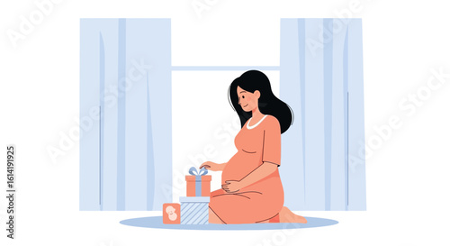 Excited Mother To Be Prepares Gifts On Beautiful Day For Her Unborn Child