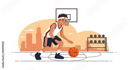 Dedicated Basketball Player Practices Dribbling Skills Near Cityscape Courts