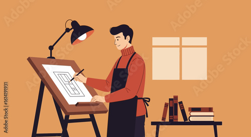 Dedicated Architect Creating Floor Plans in His Studio at Home