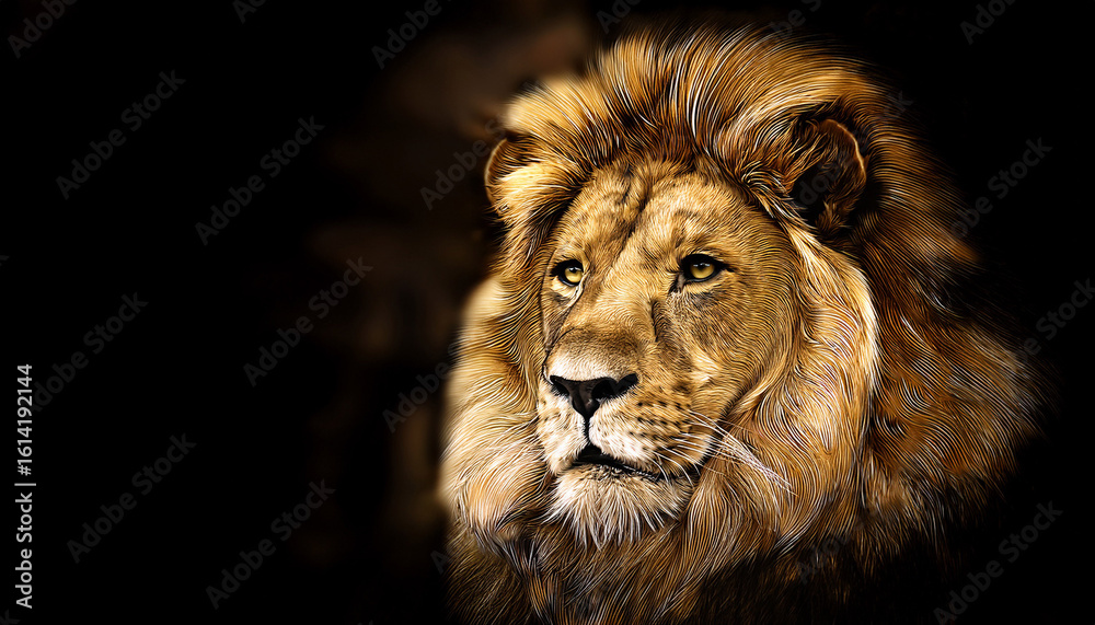 Fototapeta premium majestic golden lion illustration on black background for art lovers