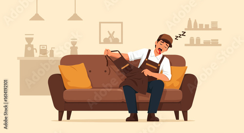Exhausted Barista Napping On Couch After Long Shift In Cozy Coffee Shop