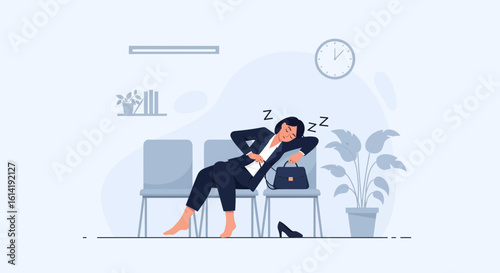 Exhausted Businesswoman Taking A Nap In The Waiting Room After Work