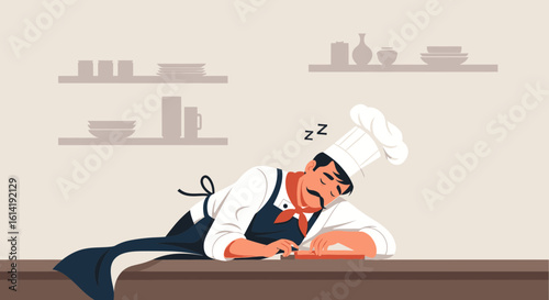 Exhausted Chef Napping After a Long Shift in Commercial Kitchen
