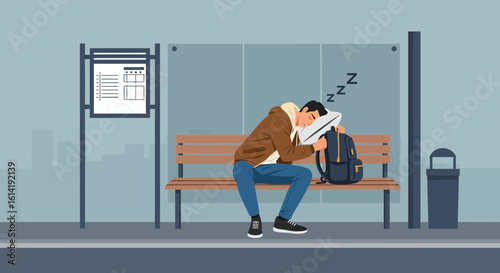 Exhausted Commuter Napping On A Bench While Waiting For Transportation