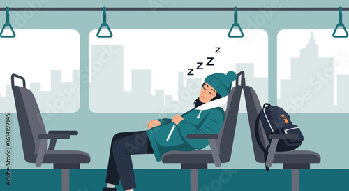 Exhausted Commuter Napping On Public Transit After A Long Day Travel