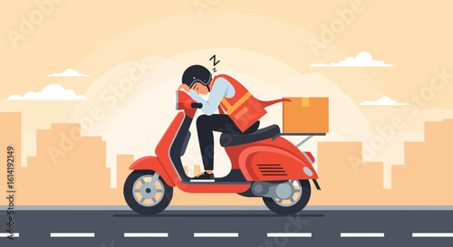 Exhausted Delivery Courier Taking a Nap On His Scooter During Work