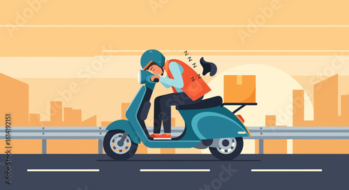 Exhausted Courier Taking A Nap On The Scooter Against Cityscape
