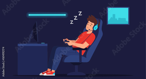 Exhausted Gamer Sleeping In Gaming Chair With Controller And Headset Vector