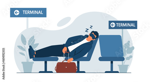 Exhausted Traveler Napping At Airport Terminal Waiting Room For Connecting Flight